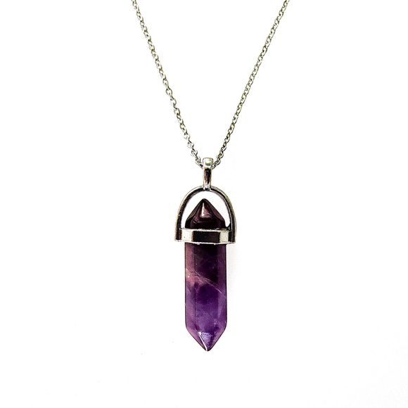 Purple Gemstone Pendant Necklace with Silver Plated Cable Chain Layering Jewelry - Picture 3 of 7